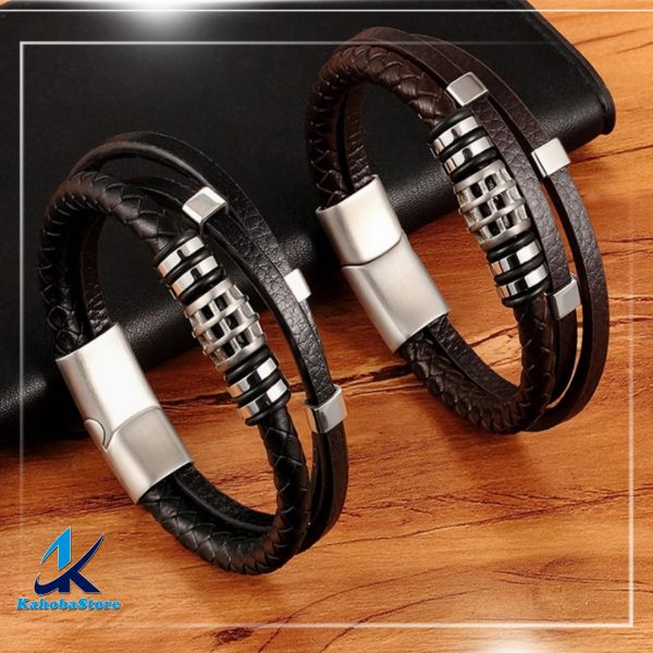 Pulsera de cuero café con detalles centrales inox