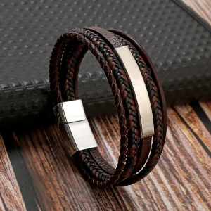 Pulsera de cuero café multicapa inox
