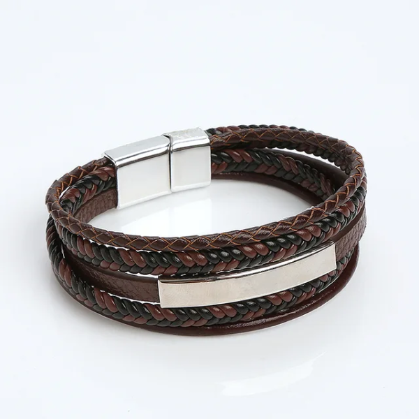Pulsera de cuero café multicapa inox