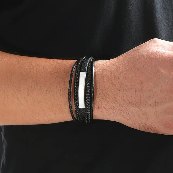 Pulsera de cuero negro multicapa inox