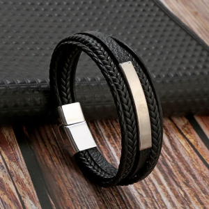 Pulsera de cuero negro multicapa inox