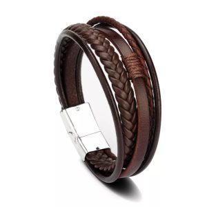 Pulsera de cuero café multicapa 