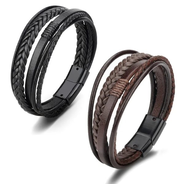 Pulsera de cuero café multicapa 