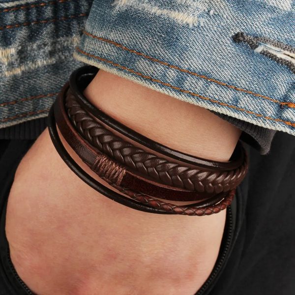 Pulsera de cuero café multicapa 