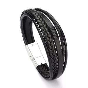 Pulsera de cuero negro multicapa 