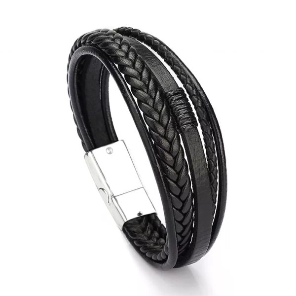 Pulsera de cuero negro multicapa 