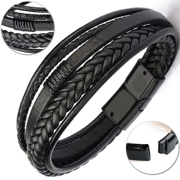 Pulsera de cuero negro multicapa 