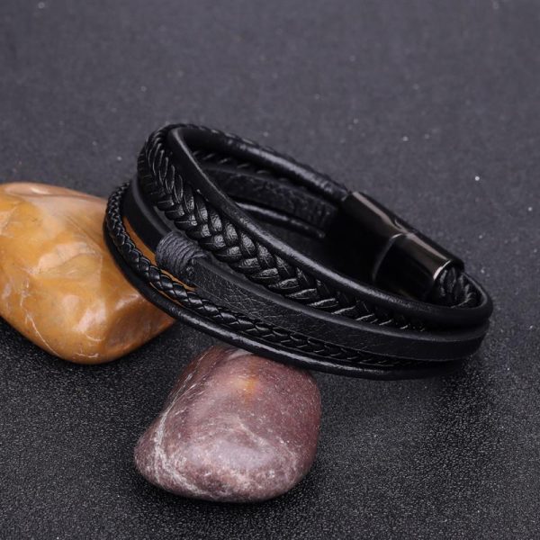 Pulsera de cuero negro multicapa 