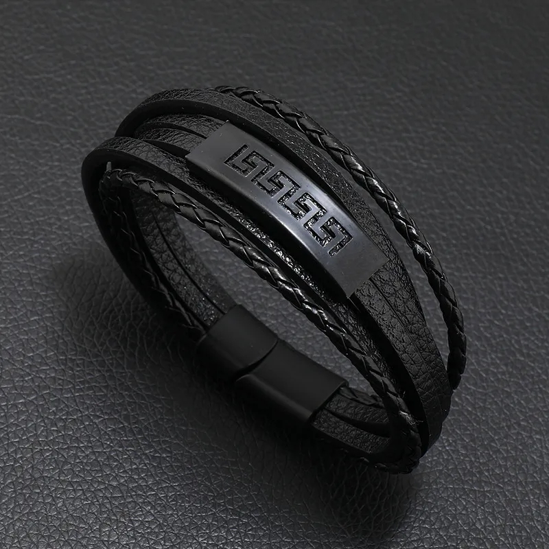 Pulsera de cuero negro multicapa